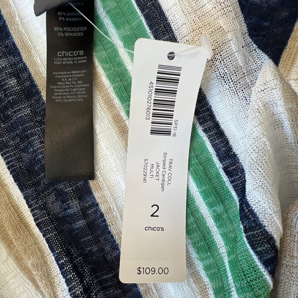 Chico's 2 chicos large Travelers Jacket Striped Cardigan Sweater Green NWT - Picture 10 of 11